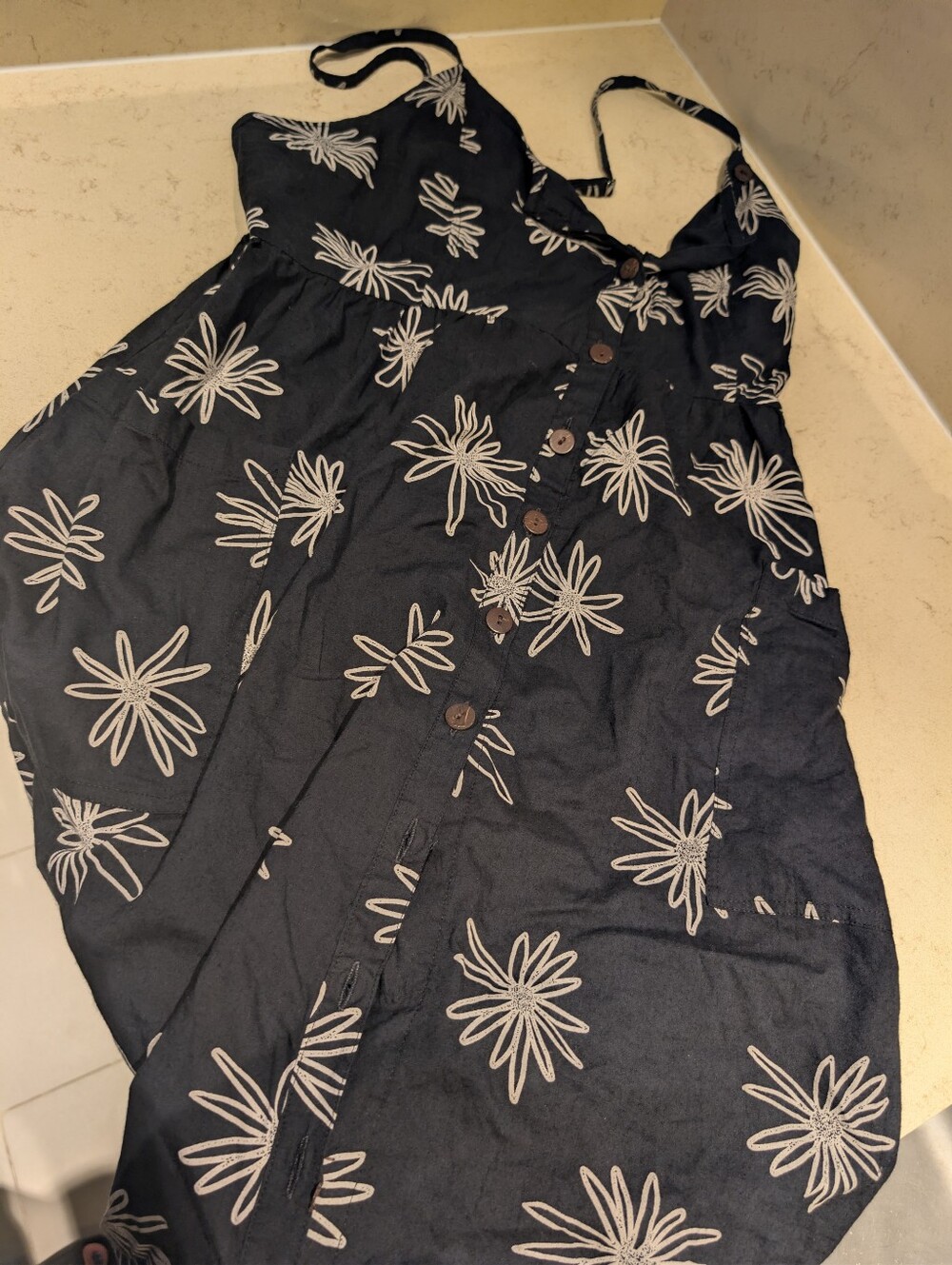 Mamara Otranto Women's L/XL Black White Floral Button Front Midi Sundress Pocket